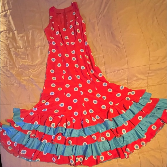 Red and Blue Flamenco Dress Handmade in Spain - zipper back, v-neck, sleeveless - Picture 2 of 16
